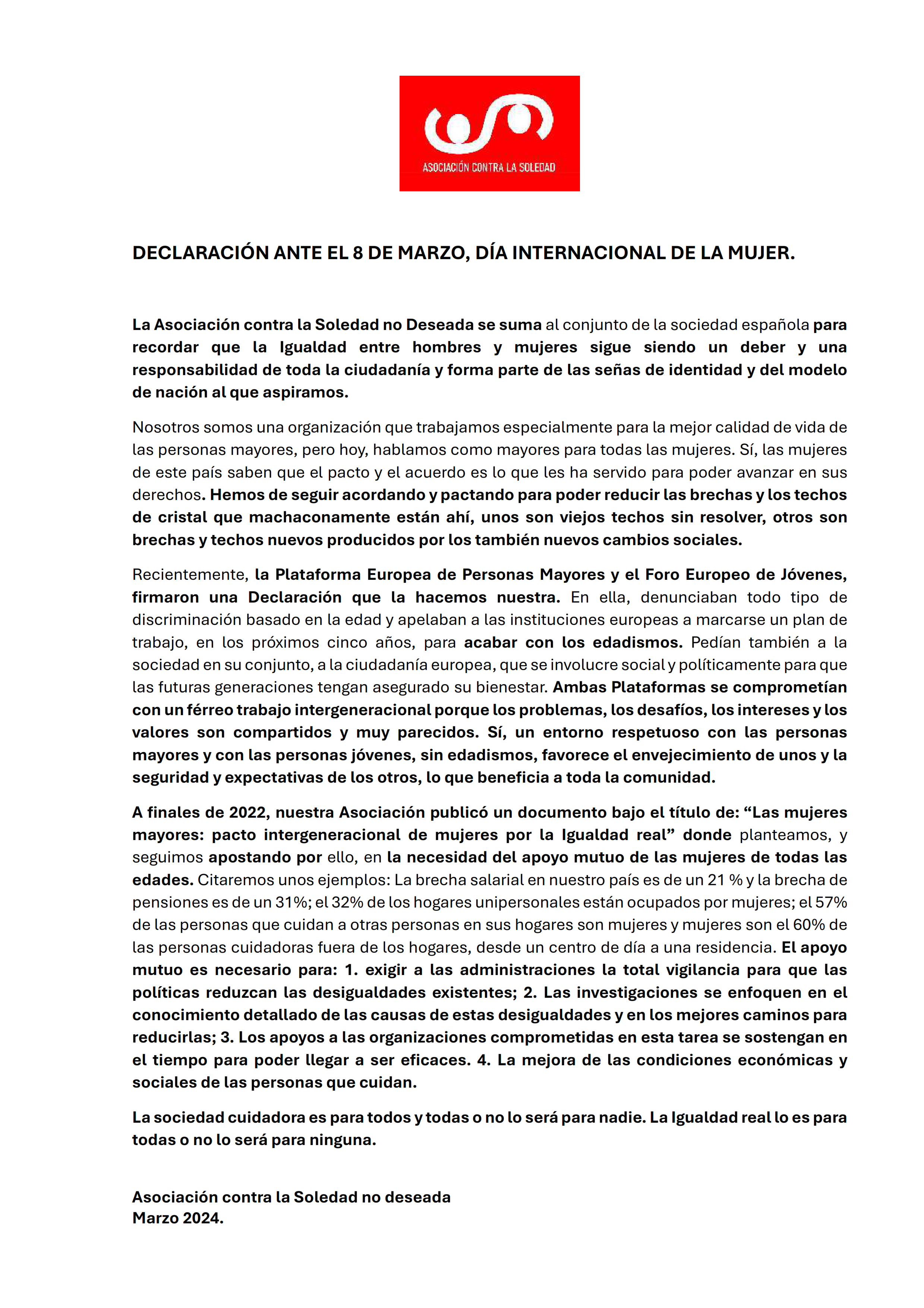 Declaración ante el 8 de marzo, DÍA INTERNACIONAL DE LA MUJER.